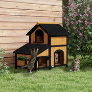 Yellow Wooden Outdoor Cat House with Plant Holder Multiple Entrances and Roof by Pawhut