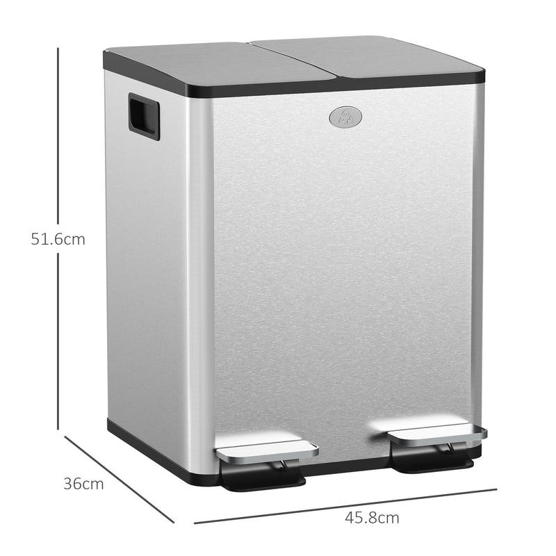 40L Dual Compartment Kitchen Recycling Bin with Deodorisers for Home Use, Silver Tone