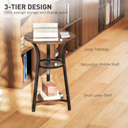 Rustic Brown Round Side Table with 3 Tier Storage Shelves for Living Room or Bedroom