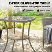 Rattan Garden Bistro Set for Small Spaces with Cushioned Chairs and Glass Table Outsunny