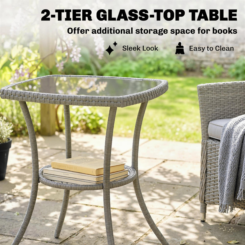 Rattan Garden Bistro Set for Small Spaces with Cushioned Chairs and Glass Table Outsunny