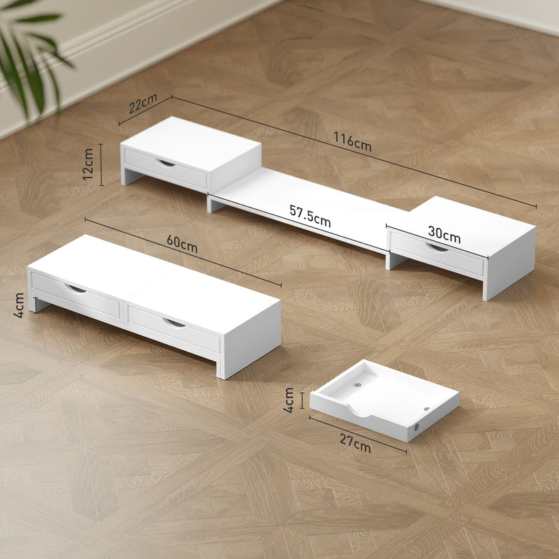 White Dual Monitor Stand Riser with Adjustable Length and Storage Drawers by HOMCOM AOSOM