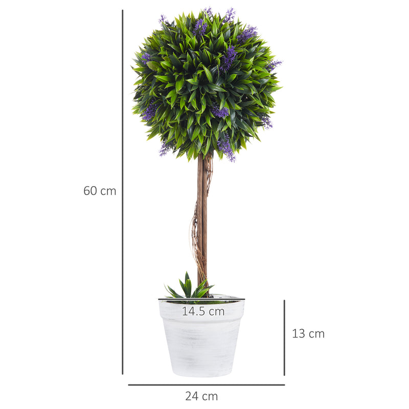 Set of 2 Artificial Topiary Ball Trees with Lavender Flowers for Indoor Outdoor Use Green