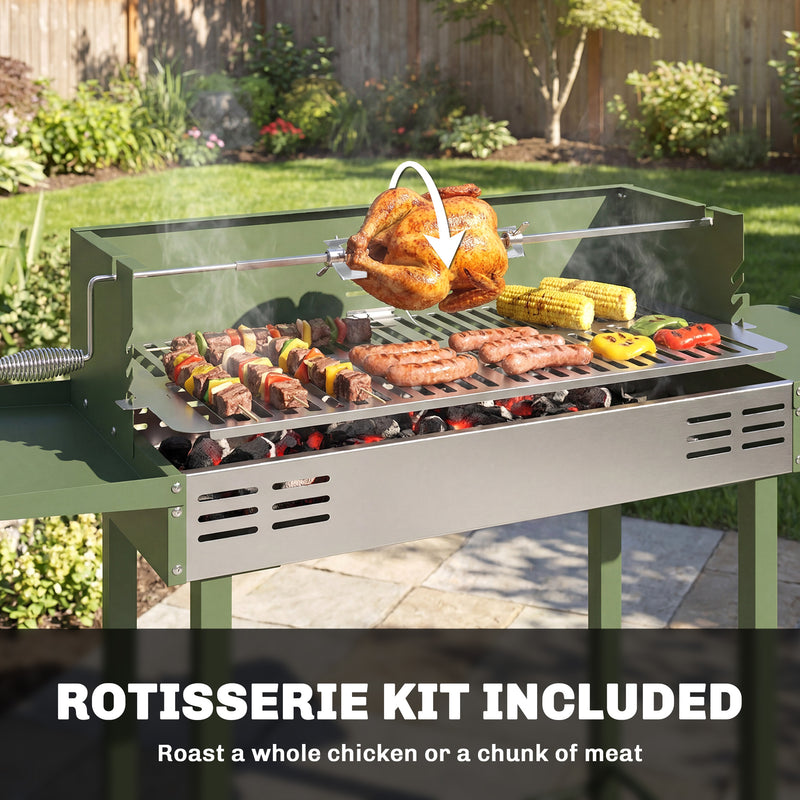 Charcoal BBQ Grill with Adjustable Rotisserie and Folding Shelves for Easy Outdoor Cooking Dark Green Outsunny