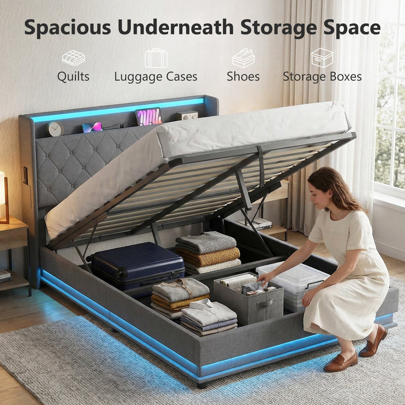Under-bed storage of the double bed holding a suitcase, clothes and storage boxes