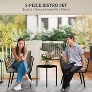 3 Piece Black Rattan Bistro Set with Cushions and Glass Top Table for Patio