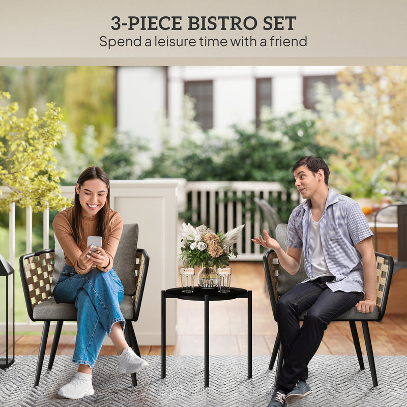 3 Piece Black Rattan Bistro Set with Cushions and Glass Top Table for Patio