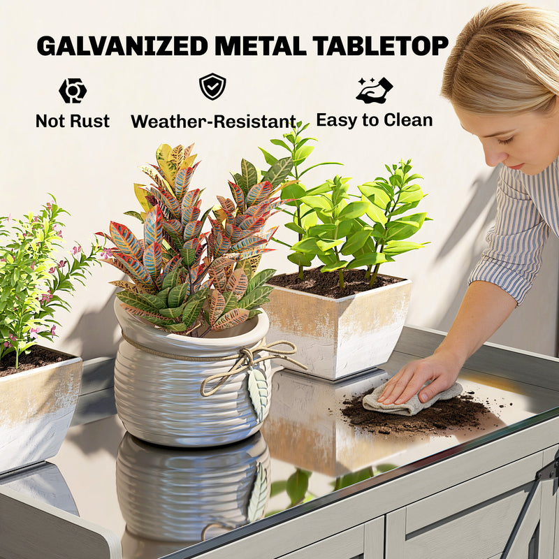 Potting Station with Storage Cabinet & Galvanised Steel Top for Organising Garden Tools and Supplies, Grey Outsunny