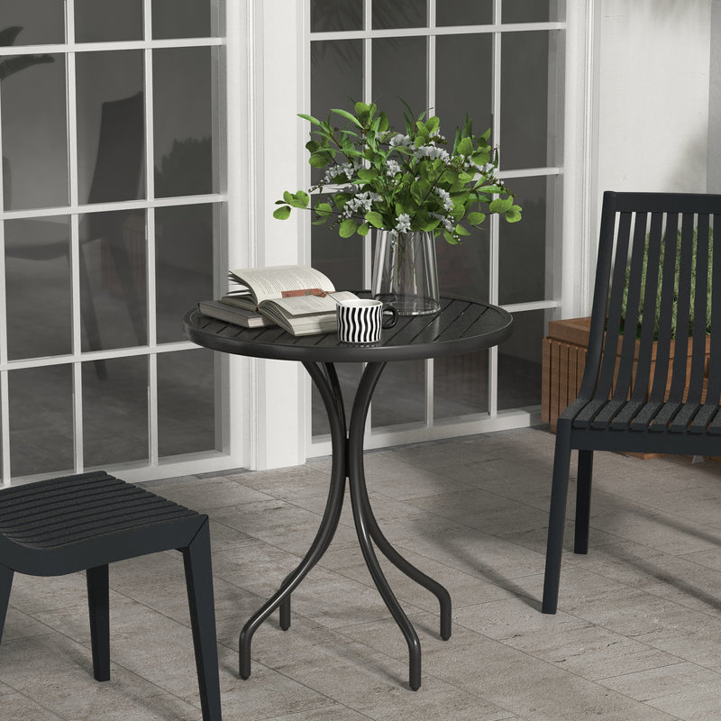 Black Steel Round Garden Side Table 66cm With Slatted Top Ideal For Patio Or Balcony