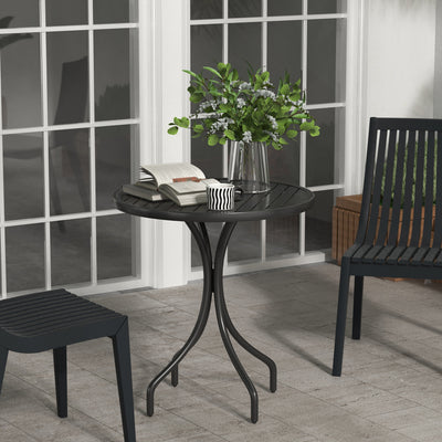 Black Steel Round Garden Side Table 66cm With Slatted Top Ideal For Patio Or Balcony