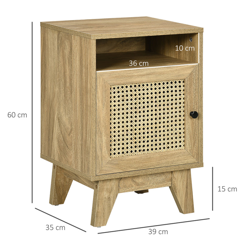 Slim Rattan Nightstand Side Table With Storage Shelf And Cupboard For Bedroom Natural