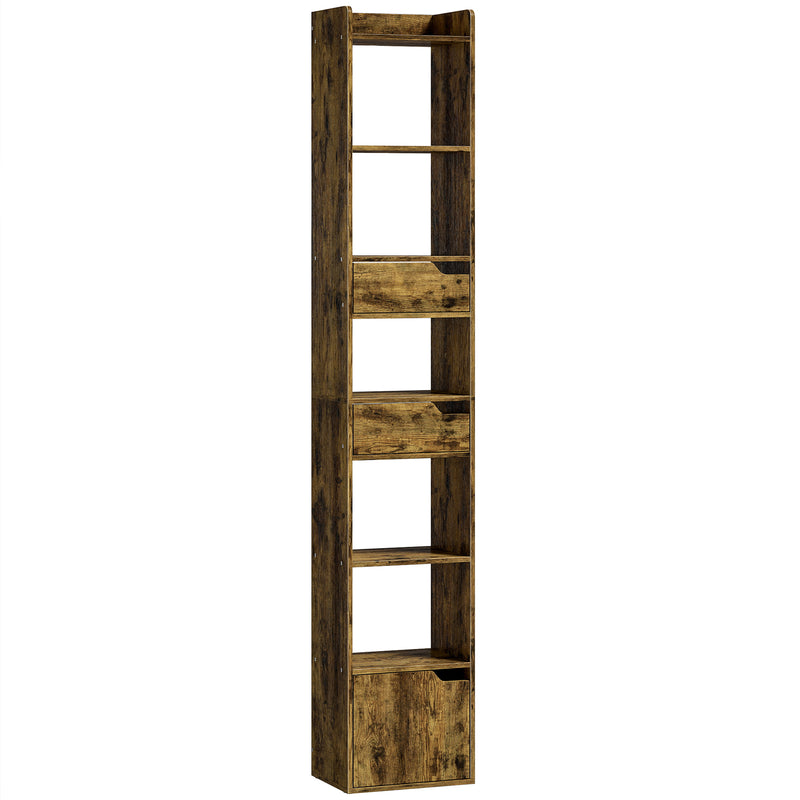 Slim Bookcase with Shelves Drawers and Cabinet for Small Spaces Rustic Brown