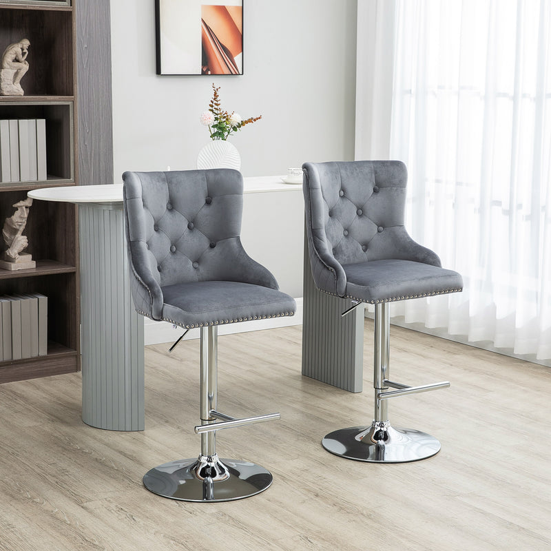 Set of 2 Adjustable Swivel Bar Stools with Tufted Back and Footrest for Home Bar Grey
