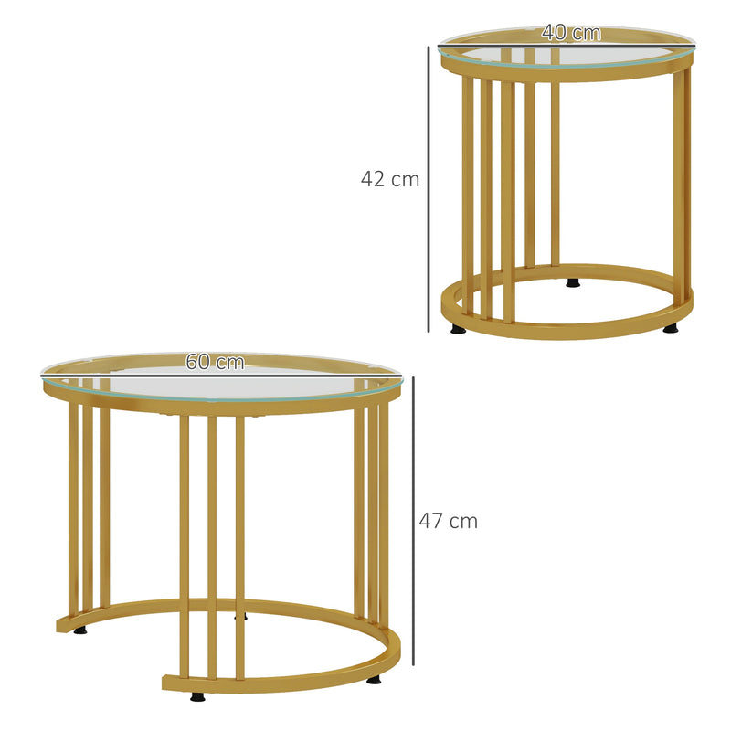 Set of 2 Nesting Round Coffee Tables with Tempered Glass Tops for Living Room, Gold Tone