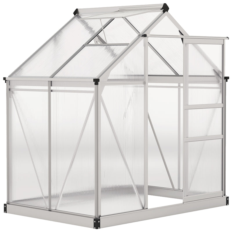 Walk In Polycarbonate Greenhouse With Aluminium Frame And Sliding Door 6x4ft Silver AOSOM