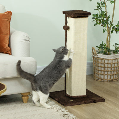 81cm Cat Scratching Post with Sisal Rope Hanging Ball and Soft Plush in Brown by PawHut