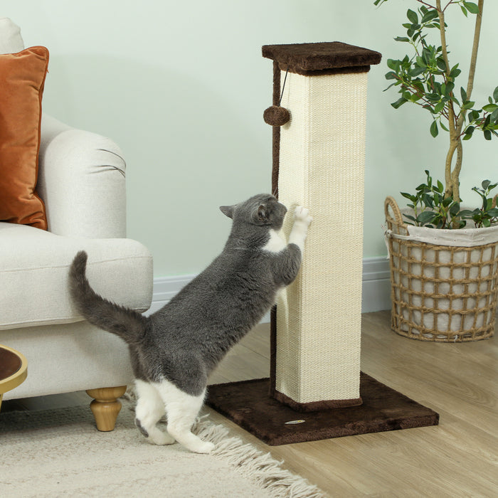 81cm Cat Scratching Post with Sisal Rope Hanging Ball and Soft Plush in Brown by PawHut