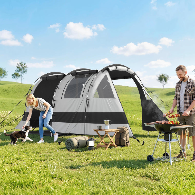 Outsunny Camping Tent, 4-5 Man Blackout Tent with Bedroom and Living Room, Portable with Bag, for Fishing Hiking Festival, Khaki