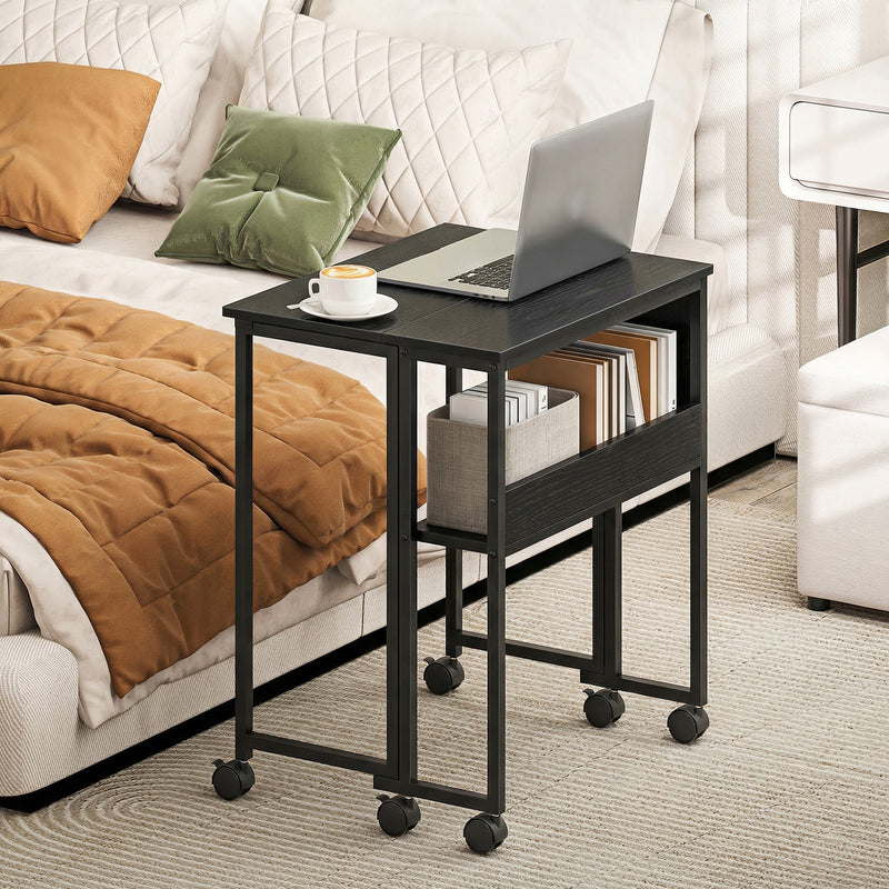 Folding Computer Desk with Wheels and Storage Shelf for Small Spaces Black AOSOM