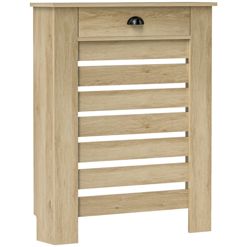 Oak radiator cover with slatted front and top storage drawer, studio shot