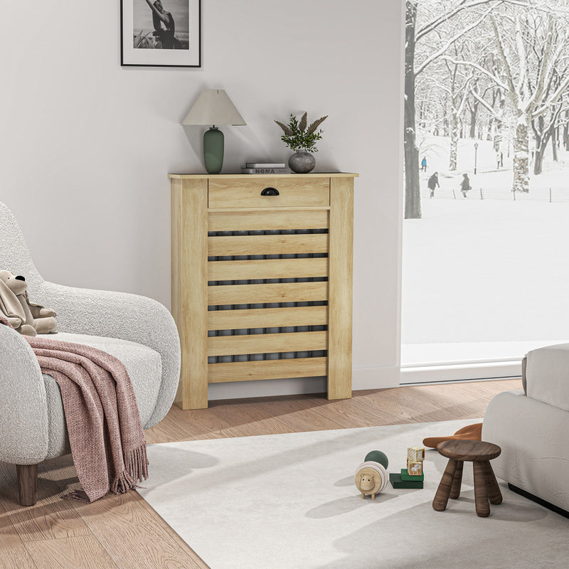 Radiator cover styled in a living room with a snowy window view and armchair