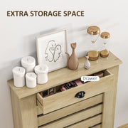 Open drawer of the radiator cover showing extra storage space, with a callout label