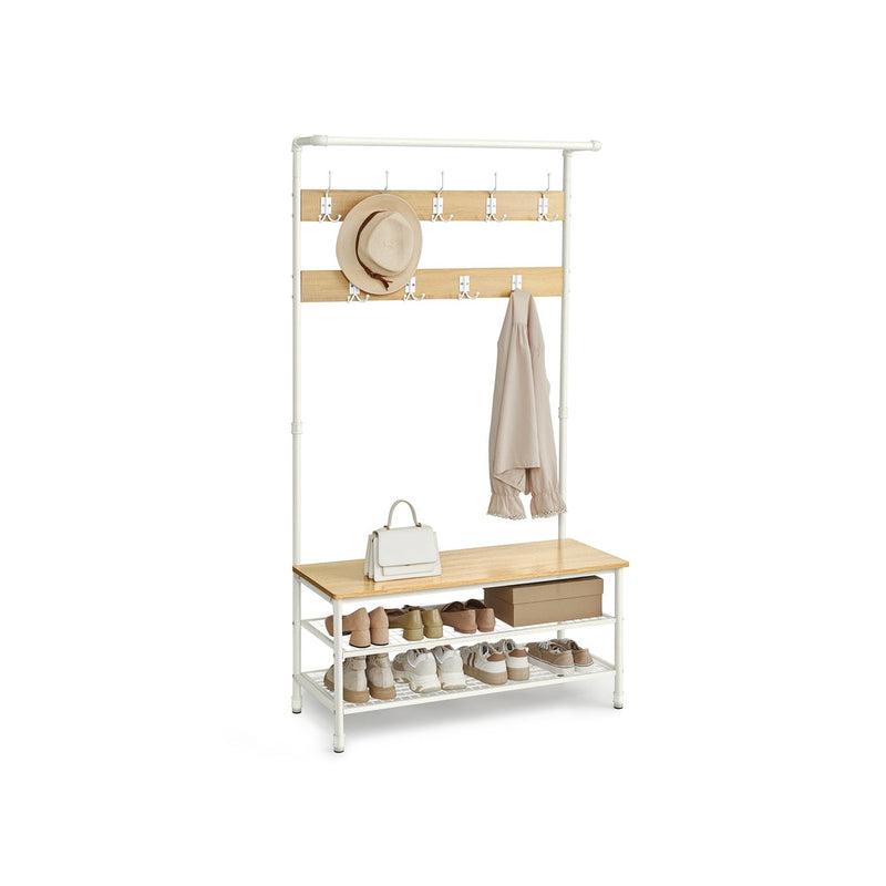 Oak and white coat rack stand with bench and 2 shoe shelves, studio shot
