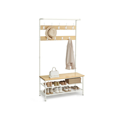 Oak and white coat rack stand with bench and 2 shoe shelves, studio shot