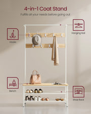 4-in-1 feature graphic labelling the hanging rail, hooks, bench and shoe rack
