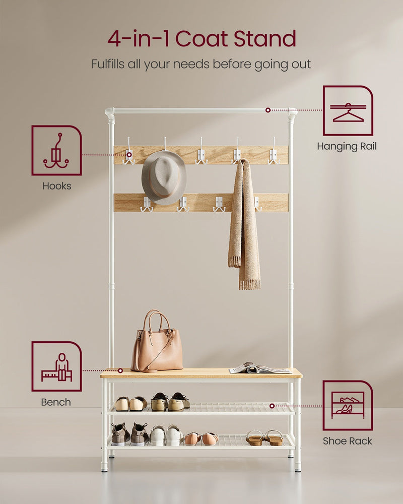 4-in-1 feature graphic labelling the hanging rail, hooks, bench and shoe rack
