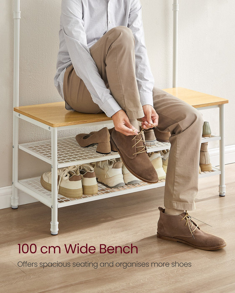 Person sitting on the 100 cm wide bench tying shoe laces