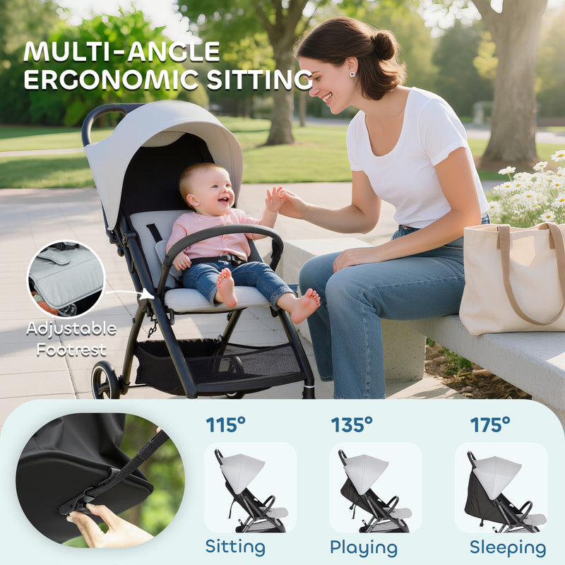Lightweight Travel Stroller Compact Pushchair with Recline Canopy and Storage Basket Light Grey AOSOM