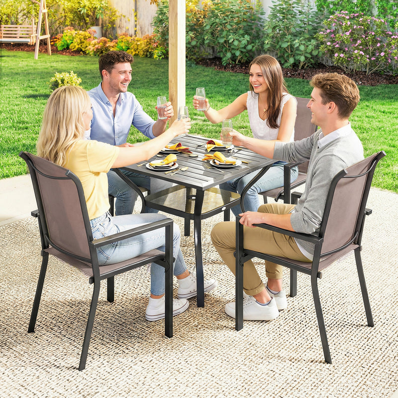 Garden Dining Set for 4 with Stackable Mesh Chairs and Square Table With Umbrella Hole Outsunny