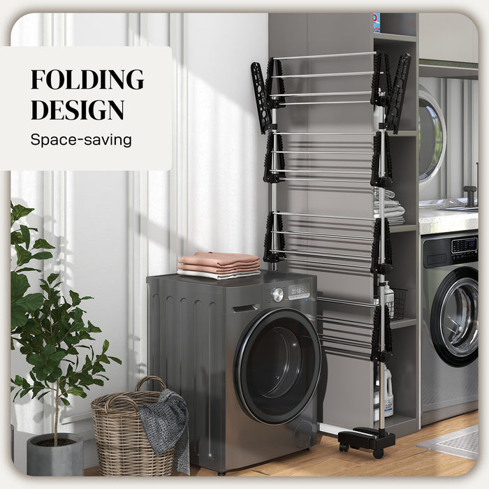 Black Four Shelf Collapsible Clothes Airer With Side Arms and Wheels by HOMCOM