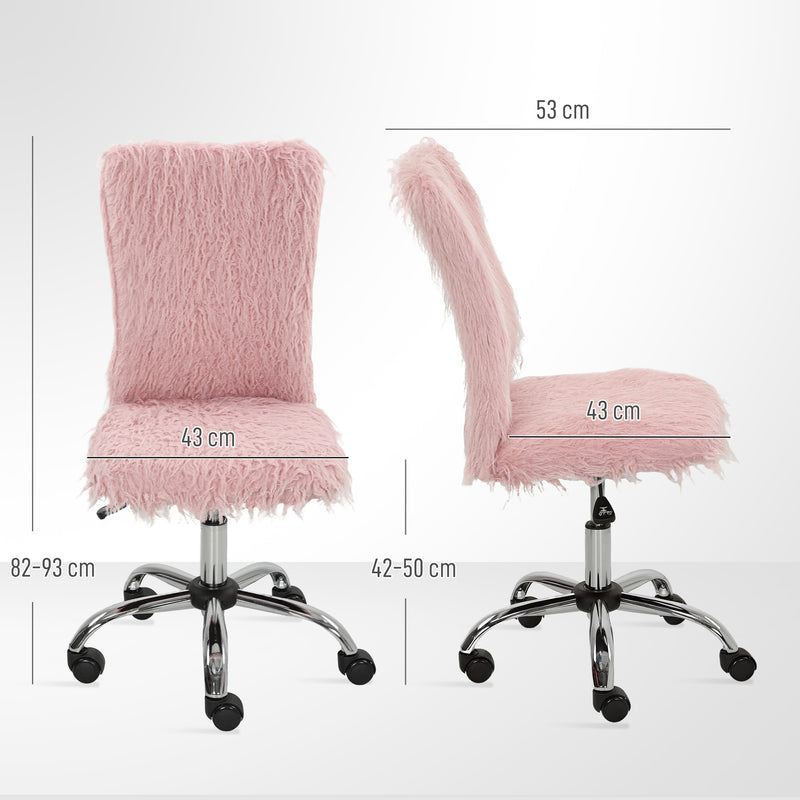 Plush Armless Swivel Office Chair with Adjustable Height for Home or Vanity Use, Pink