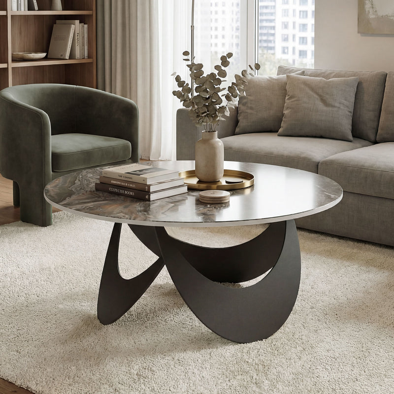 Round Coffee Table with Heat Resistant Sintered Stone Marble Effect Easy Clean Top for Living Room Brown & Black