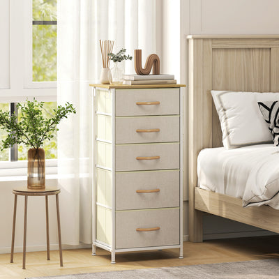 Chest of 5 Fabric Drawers with Wooden Top for Bedroom or Hallway Storage Beige