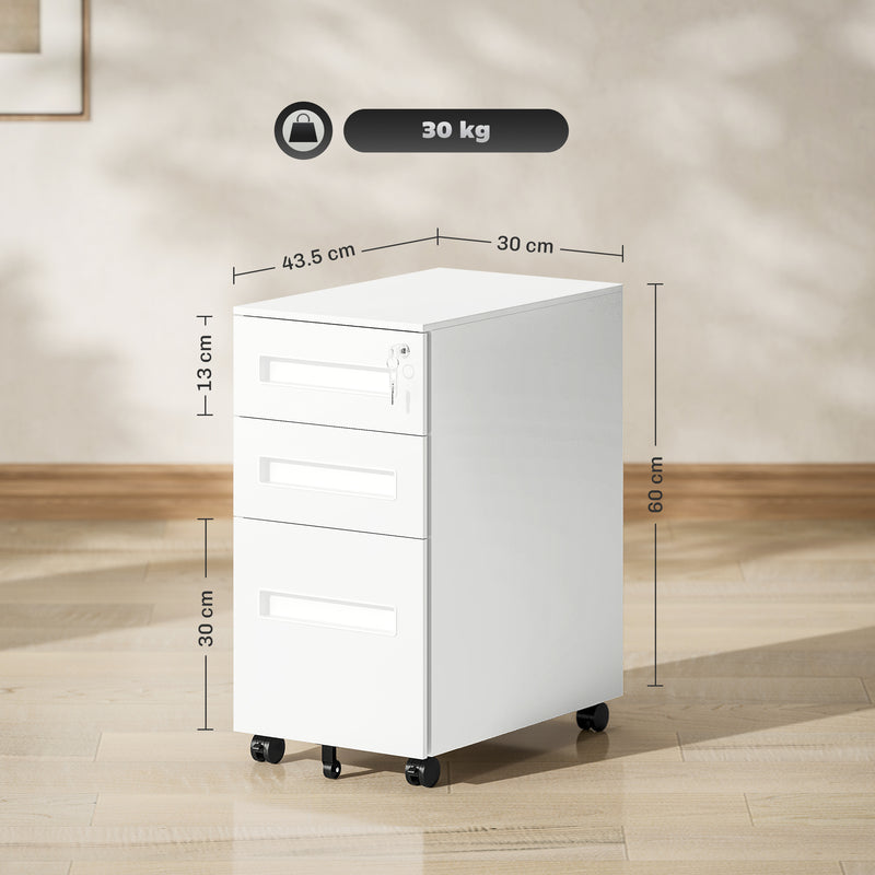 White Metal 3 Drawer Lockable Mobile File Cabinet for A4 and Legal Files by Vinsetto