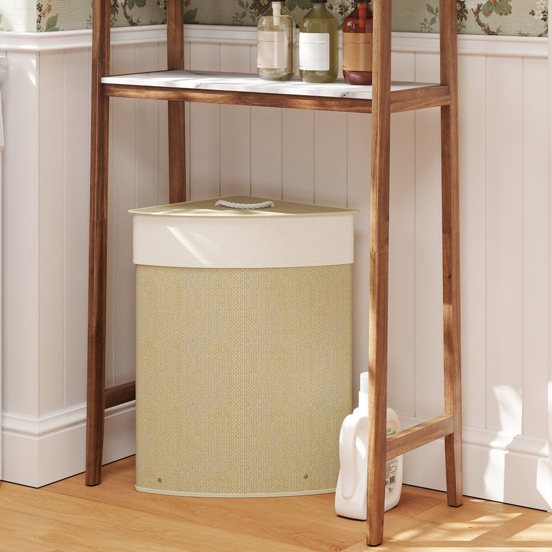 Bamboo Corner Laundry Basket With Lid 55L Removable Liner Bathroom Hamper