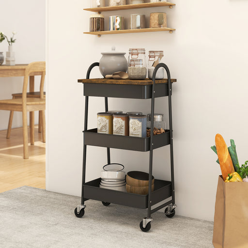 3 Tier Rolling Kitchen Storage Trolley With Top Board For Easy Organisation, Rustic Brown and Black