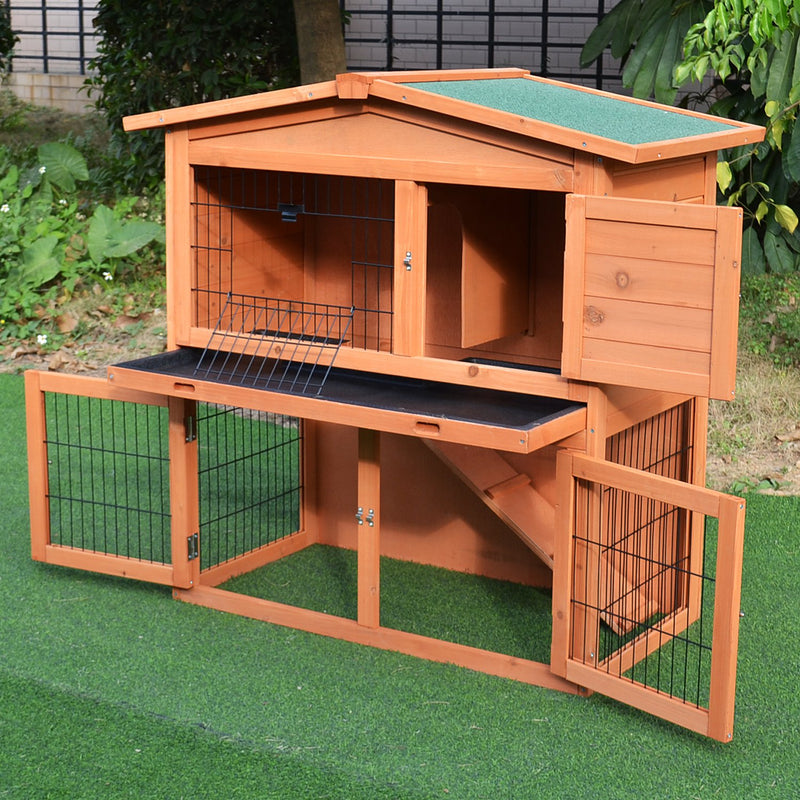 2 Tier Wooden Rabbit Hutch With Slide Out Tray And Ramp For Indoor Or Outdoor Use Brown