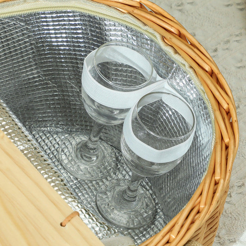 Wicker Picnic Basket for 2 with Cooler Compartment and Wooden Lid for Outdoor Use Light Brown AOSOM