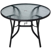 Round 106cm Garden Dining Table with Parasol Hole and Tempered Glass Top for Patio