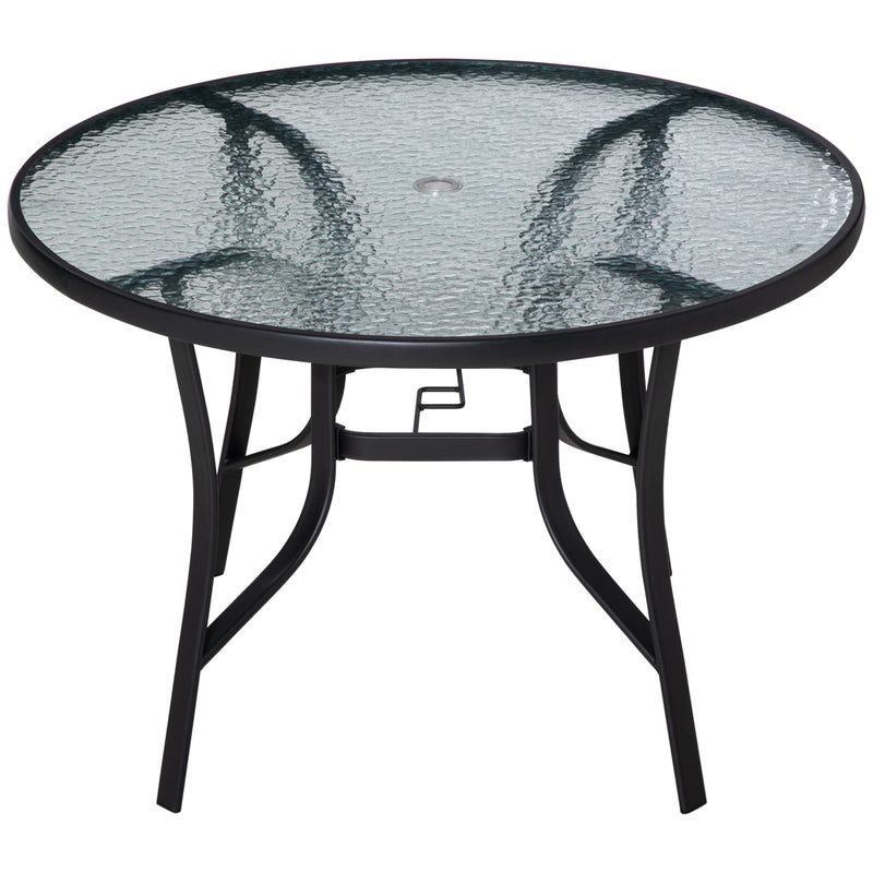 Round 106cm Garden Dining Table with Parasol Hole and Tempered Glass Top for Patio