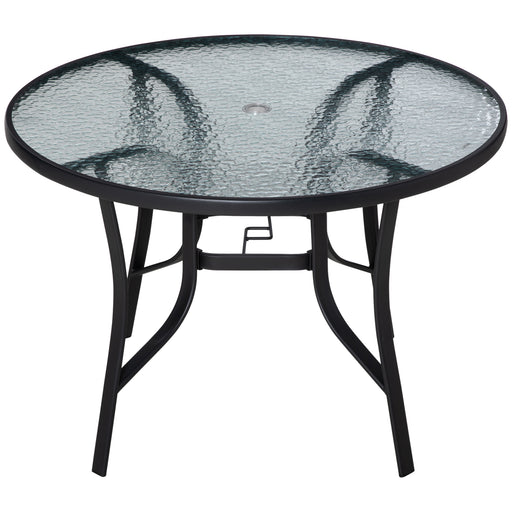 Round 106cm Garden Dining Table with Parasol Hole and Tempered Glass Top for Patio