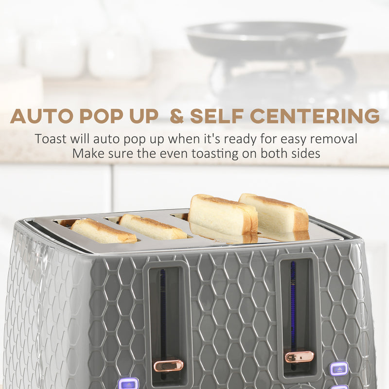 Fast Boil Kettle and 4 Slice Toaster Set with 7 Browning Levels and Crumb Tray Grey