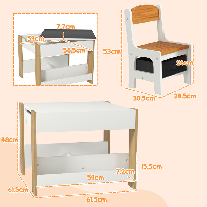 Three Piece Kids Table and Chair Set with Blackboard Storage and Shelves in Natural Wood AOSOM