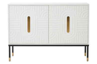 Off-white sideboard with black base and gold accents, studio shot