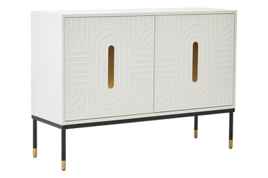 Off-white sideboard with black base and gold accents, studio shot