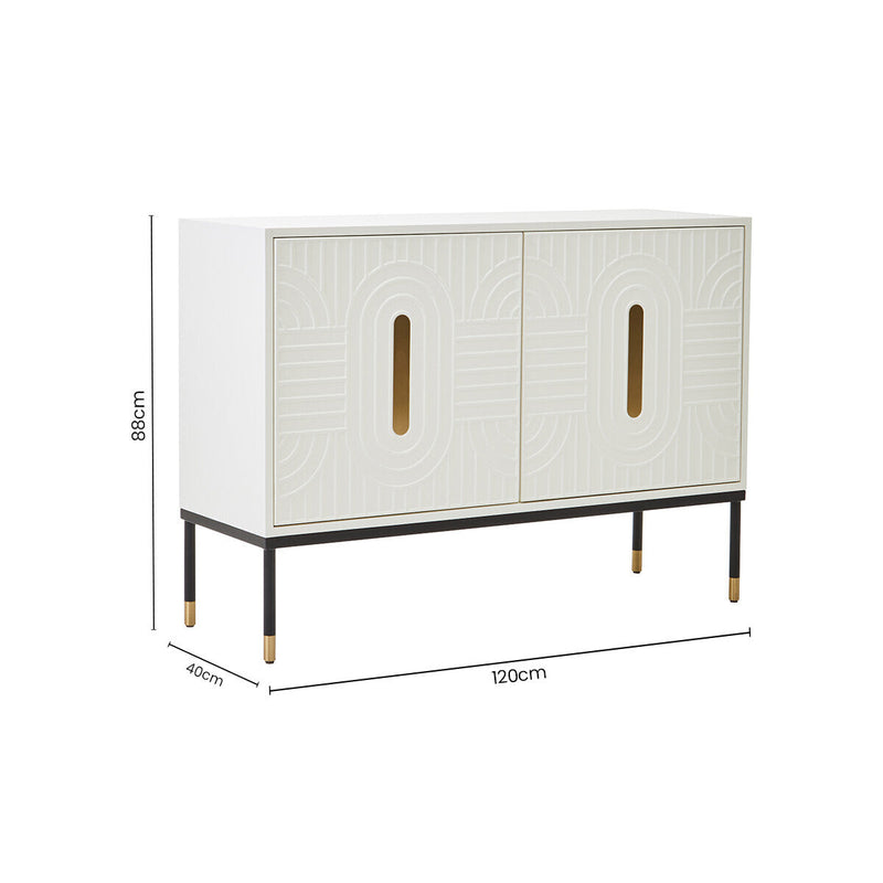 Dimensions diagram for the off-white sideboard with black base and gold accents
